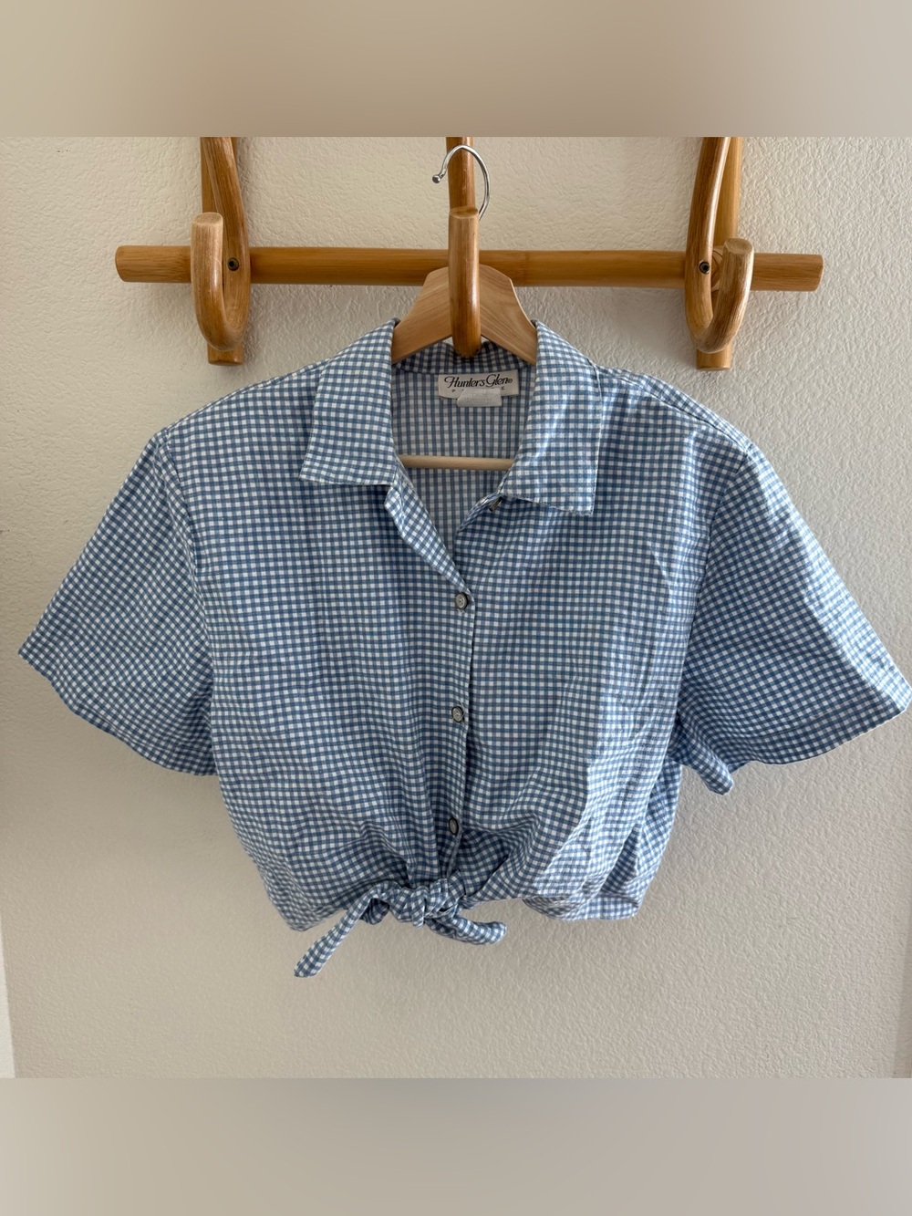 Hunters glen retro cottagecore Blue gingham cropped button up shirt tie detail